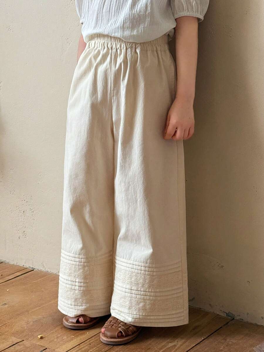 DAZY 女童（小号）休闲韩版荷叶边宽松阔腿裤，四季皆宜 - 白色 - 查看 1