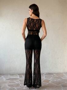 SHEIN Tall Black Top + Pants Set Lace Blouse + High-Waisted Flare Lace Knit Pants, Women 2-Piece Set Black Mesh Sheer Lace Jacquard Sexy Party 2-Piece Outfit For Women - Black - View 2