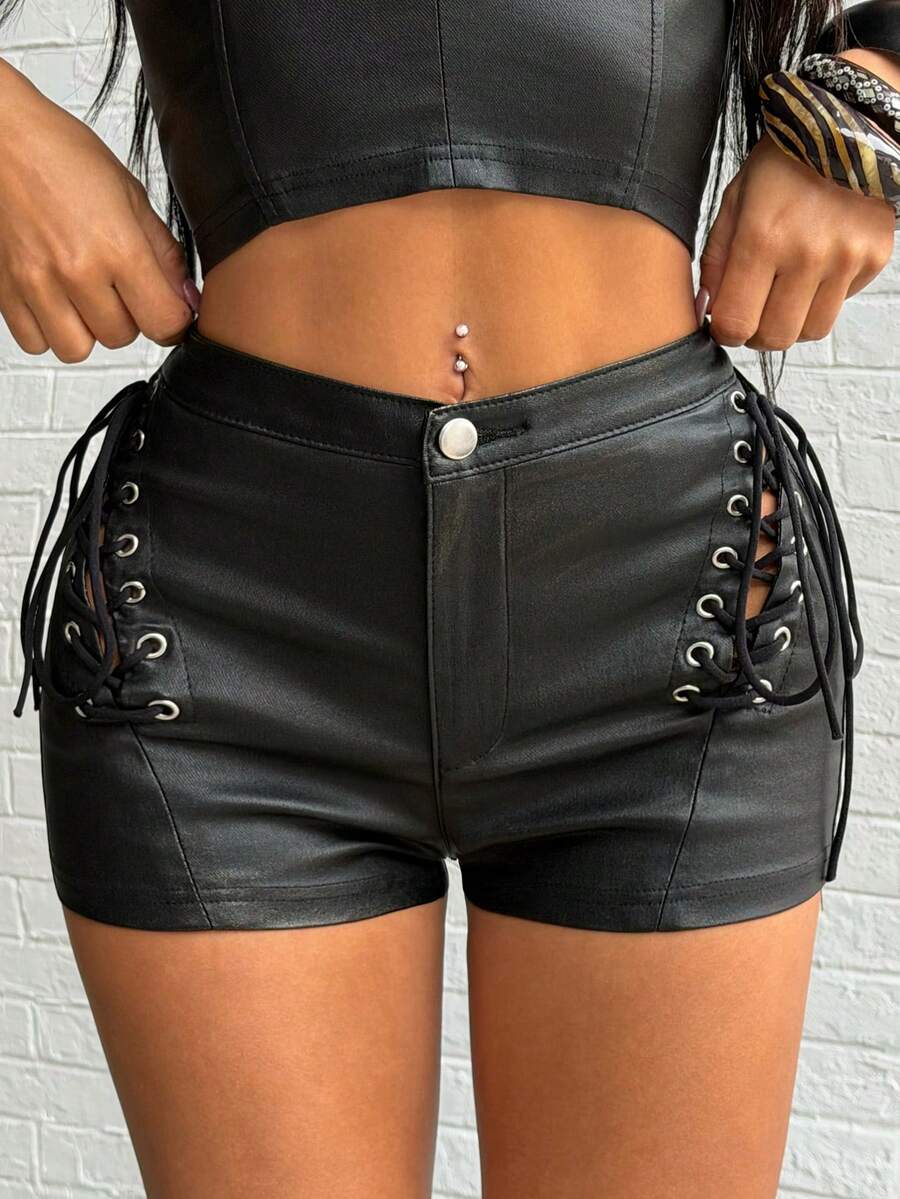 SHEIN Jeanoir Y2K Women's Coated Keyhole Tie-Up Sexy Shorts - Black - View 1