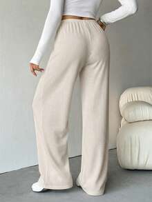 SHEIN Tall Women's Ribbed Brushed Wide Leg Pants, Suitable For Autumn/Winter - Beige - View 2