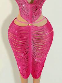 BamGleam Đầm dự tiệc bãi biển gợi cảm với tua rua, trang trí kim loại và khoét rỗng. - Màu Hồng Tươi - Xem 5