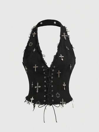 Grunge Punk Women's Retro Vantage Sexy Subculture Metal Cross Decor Bodycon Halter Denim Top