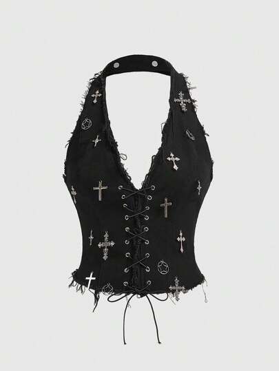 ROMWE Grunge Punk Spring/Summer Casual Black  Retro Vantage Sexy Subculture Metal Cross Decor Bodycon Halter Denim Top