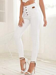 SHEIN Frenchy Women's Solid Color Casual Button Decorated Denim Pants - White - View 5