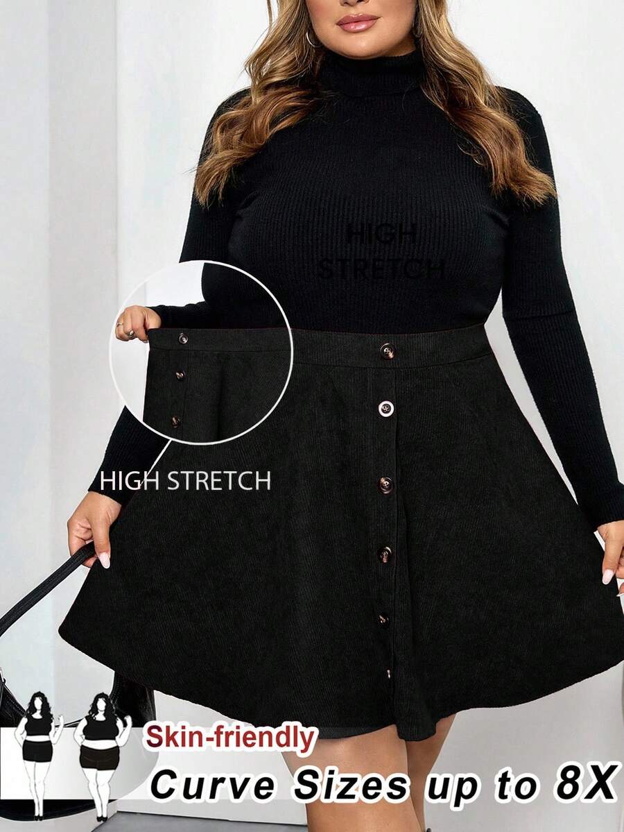 SHEIN CURVE+ Plus Size Solid Color Front Button Minimalist A-Line Skirt, Casual Daily Wear - Black - View 1