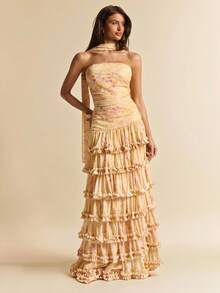 SHEIN BAE 纯黄色碎花无肩带荷叶边连衣裙，优雅修身网纱沙滩度假连衣裙，性感时尚连衣裙，外出印花连衣裙 - 黃色 - 查看 1