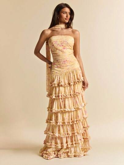 SHEIN BAE Solid Yellow & Ditsy Floral Strapless Ruffle Hem Dress, Elegant Fitted Mesh Beach Vacation Dress, Sexy Chic Dress, Printed Dress For Outings