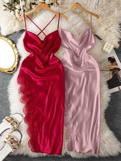 2pcs Women's Sexy Lace Patchwork Slit Maxi Dress Sleepwear Set