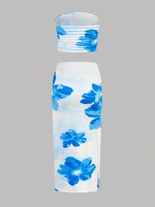 SHEIN Tween Girls Cute Blue All Over Print Ruched Tube Top And Maxi Skirt Co-Ord Set In Polyester - Blue - View 3