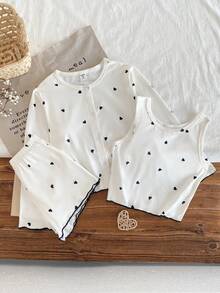 3件套少女休闲黑色爱心印花双面抓绒吊带背心、圆领抽绳外套和短裤家居服套装 - 杏色 - 查看 4