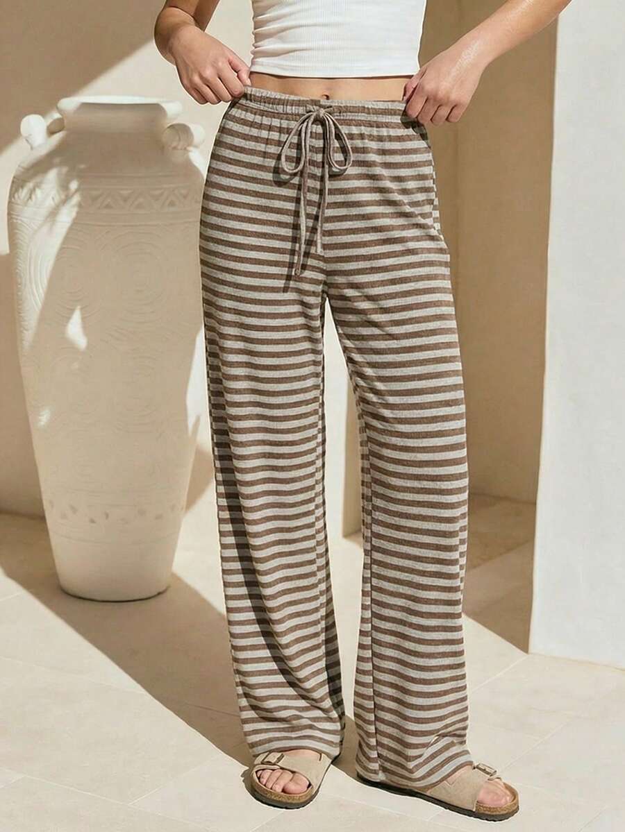 少女休闲百搭学院风棕色撞色条纹宽松舒适柔软针织抽绳腰裤 - 棕色 - 查看 1