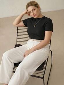 MOTF PREMIUM PLUS ELEGANT KNIT TEXTURED ELASTIC T-SHIRT WITH SMALL STAND COLLAR, SPRING/SUMMER - Black - View 3