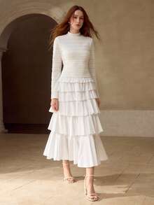 MOTF PREMIUM WOMEN'S RUFFLE LAYERED HEM MIDI DRESS, AUTUMN/WINTER - White - View 7