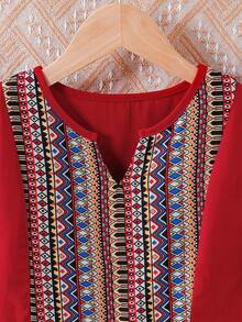 SHEIN Tween Girl V-Neck Geometric Print Long Shirt Blouse And Wide Leg Pants Casual Outfit رمضان Tween Girl Casual Round Neck Short Sleeve Top And Ditsy Floral Pants Set الملابس التقليدية العربية,Kids - Red - View 9