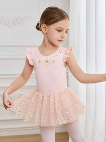 Young Girls Ballet Dress With Ruffle Sleeve, Pink Star Mesh Tutu Skirt, Children's Activewear Leotard - Pink - View 1