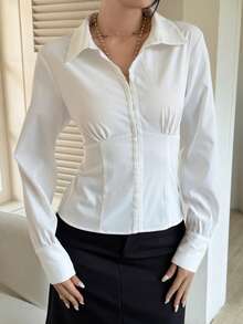 Livesso Women's Lace Trim Hollow Out Casual Blouse, Elegant Office Wear, Suitable For Valentine's Day, Wedding, Vacation, Slim Fit Long Sleeve Shirt, Spring/Summer - White - View 3