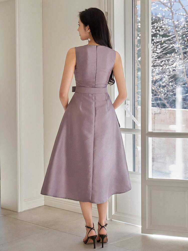 Women's Elegant Solid Color Round Neck Sleeveless Long Dress, Summer Wedding Guest Dress Sundress Cocktail Dress