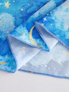 女婴斋月假日风星月印花V领荷叶袖蕾丝拼接宽松连衣裙，春夏秋季款 - 藍色 - 查看 9