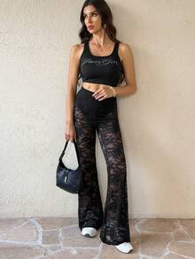 SHEIN Tall Women's Spring Sexy Retro Lace Lined Flared Pants - Black - View 7