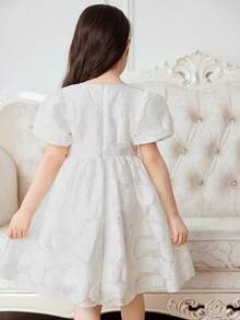 Elladie kids 1件女童休闲圆领拉链后背欧根纱玫瑰花装饰泡泡袖A字连衣裙，百搭白色，适合生日派对、夏季等场合 - 杏色 - 查看 2