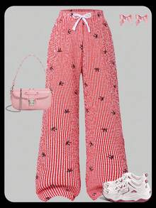 女孩粉色条纹蝴蝶结印花泡泡纹理腰带白色撞色系带宽松裤 - 紅色 - 查看 4