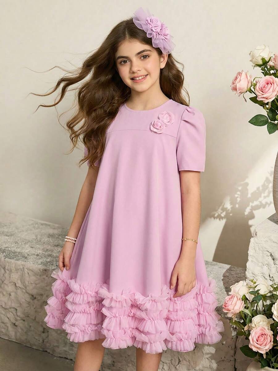 Girl's Elegant Mesh Overlay Dress, Lightweight Luxury Style, Suitable For Spring/Summer Parties And Celebrations, Layered Mesh Presents A Soft And Graceful Aesthetic For Formal Events Dress For Girls Lila Tween Girls Elegant Dress Tween Girl Dress With Sleeve Tween Dusty Pink Dress Tween Ruffle Dress - Pink - View 1