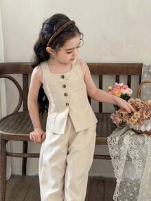 两件套少女前扣吊带背心和长裤休闲套装 - 杏色 - 查看 5