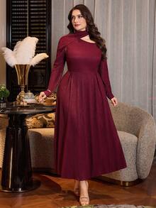 Modelyn Plus Size Women's Burgundy Autumn Elegant Formal Wedding Guest Dress,Asymmetric Collar Knit Textured Long Sleeve A-Line Pleated Modest Maxi Dress - Burgundy - View 4