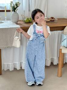 SHEIN Little Byeori 女童立体蝴蝶结蓝色牛仔宽松连体裤，儿童春夏休闲度假乡村波西米亚风服装，女童沙滩装，女童西部街头风服装，春假服装，锐舞派对服装，牛仔连体裤，女童度假服装 - 淺色水洗藍 - 查看 6
