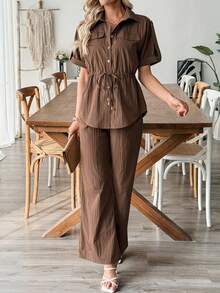 EMERY ROSE 女士抽绳短袖衬衫和休闲修身裤两件套 - 咖啡棕 - 查看 6