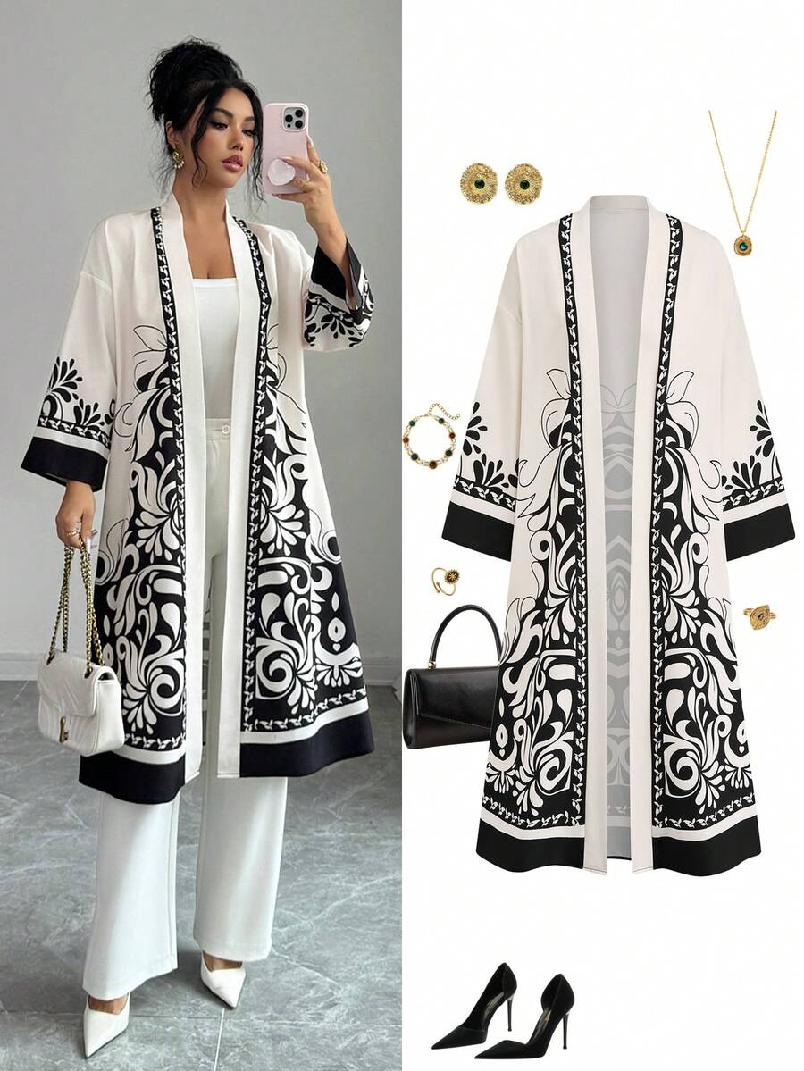 GlowEve Elegant Long Sleeve Full Print Long Jacket