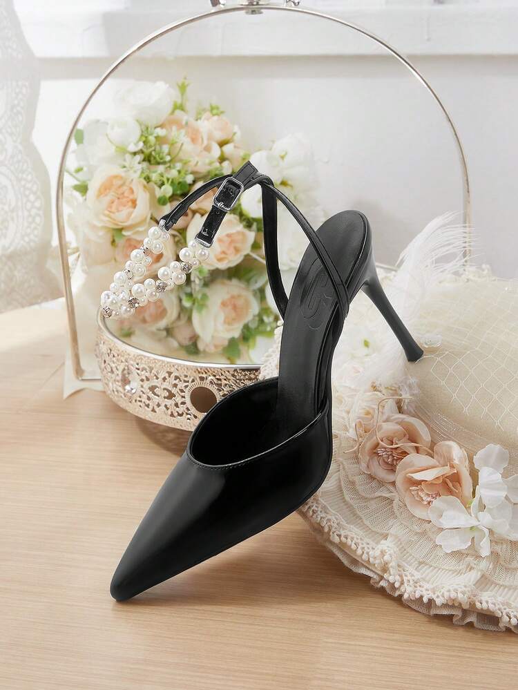 CUCCOO HITCHD Women Shoes Women's Pointed Thin Heel Black Pearl Women's High Heel Shoes Ankle Strap Slingback Shoes Fashion Sexy Party Banquet Wedding Fashion Simple High Heel Women's Shoes Elegant Shoes Wedding Shoes