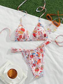 Swim Mod Women's Spring/Summer Beach Music Festival Fruit Printed Triangle Bikini Set With Thong - Multicolor - View 5