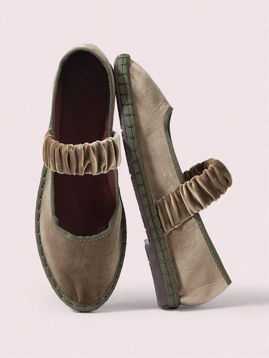 CUCCOO DOLLMOD Zapatos planos de estilo Mary Jane de terciopelo plisado elástico naranja brillante, elegantes y cómodos para mujer - Caqui / Verde - Ver 1