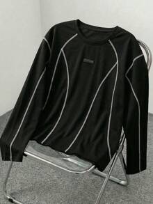 AXEPEAK Men's Contrast Stitching Casual Versatile Crew Neck Long Sleeve T-Shirt - Black - View 7