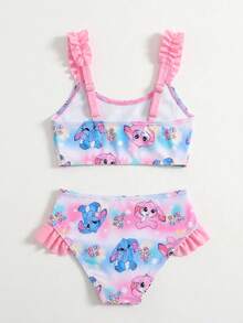 女童（小号）泳衣套装，彩色兔子印花图案，荷叶边肩带和带褶边的泳裤，适合度假，夏季时尚单品 - 彩色 - 查看 2