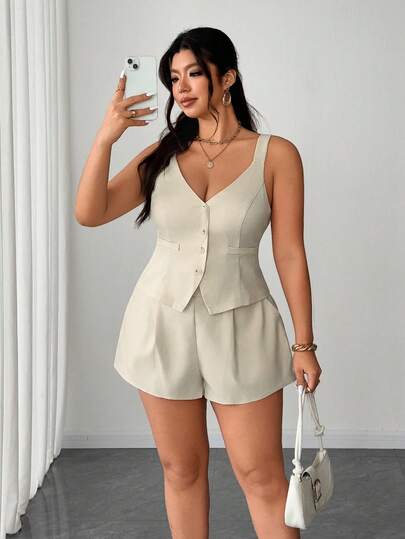 Elenzga Plus Size Women's Solid Color Summer Cardigan Button Faux Pocket Waist Slimming Vest + Casual Simple Shorts Commuter Outfit, Elegant Women's Casual Clothing