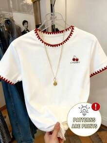 1pc Tween Girl Letter & Cherry Blossom Print Embroidery Decor Short Sleeve Casual T-Shirt, Loose Fit, Cute & Versatile, Suitable For Spring & Summer