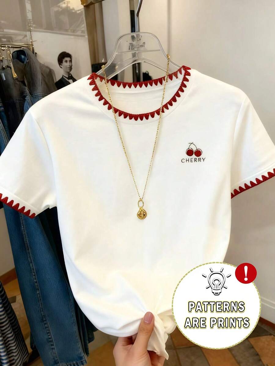 1pc Tween Girl Letter & Cherry Blossom Print Embroidery Decor Short Sleeve Casual T-Shirt, Loose Fit, Cute & Versatile, Suitable For Spring & Summer