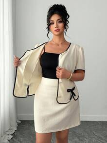 Elenzga Plus Size Spring/Summer Button Bow Contrast Color Short Sleeve Top And Mini Skirt 2 Piece Set, Elegant - Multicolor - View 5