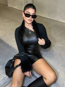 纯色毛绒边前开短款秋装女式夹克 - 黑色 - 查看 6