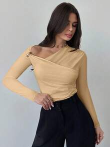 Firerie 女士新款优雅不对称肩部长袖裹身金属装饰褶皱修身T恤，适合秋季、返校季、秋季女装、机场、外出穿着 - 杏色 - 查看 7