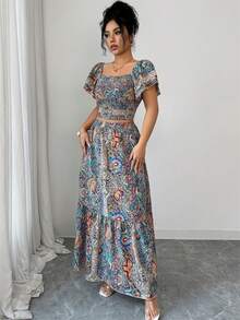 Elenzga 女士优雅时尚通勤休闲舒适迷人复古浪漫假日荷叶袖方领露脐上衣和A字迷你裙两件套 - 彩色 - 查看 9