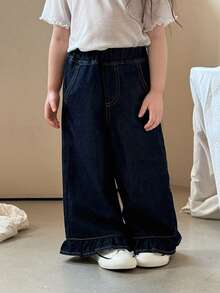 DAZY Toddler Girls' Casual Washed Vintage Korean Style Versatile Ruffle Hem Loose Wide Leg Jeans - Dark Wash - View 3
