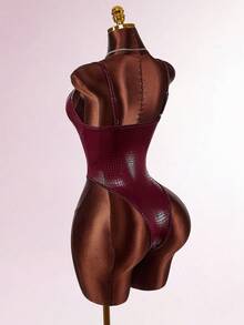 Amplova Women's Snake Skin Texture Glossy Coated Bustier Bodysuit, Sexy & Avant-Garde Alligator Skin Print Bodysuit Wine Red Bodysuit - Burgundy - View 7