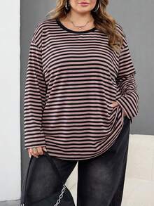 SHEIN CURVE+ 大码休闲落肩宽松条纹T恤，适合秋冬季女性穿着 - 彩色 - 查看 4