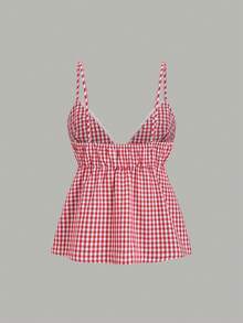 Sweetra Women's Sexy V-Neck Plaid Patchwork Lace Trim Camisole, Casual Versatile Sleeveless Top For Daily Wear And Commute, Spring/Summer - Red - View 2