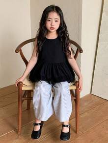 DAZY 2件套少女圆领蕾丝拼接无袖韩版上衣和宽松休闲阔腿裤套装 - 黑色 - 查看 7