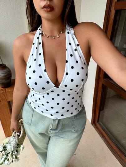 SHEIN EZwear 大码波点印花系带露背无袖上衣