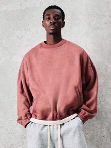 SUMWON Men's Washed Pink Crew Neck Pullover Sweatshirt Soft Vintage Look Casual Long Sleeve Essential Top Fall Winter Everyday Wear Plain - Brown - View 1